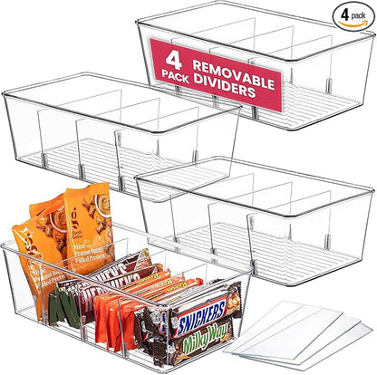 Oizeir Clear Pantry Organizer Bins (4PK) - Fridge Organizer with 3 Removable Dividers - Kitchen Pantry Organizers & Storage - Storage Cabinet Snack
