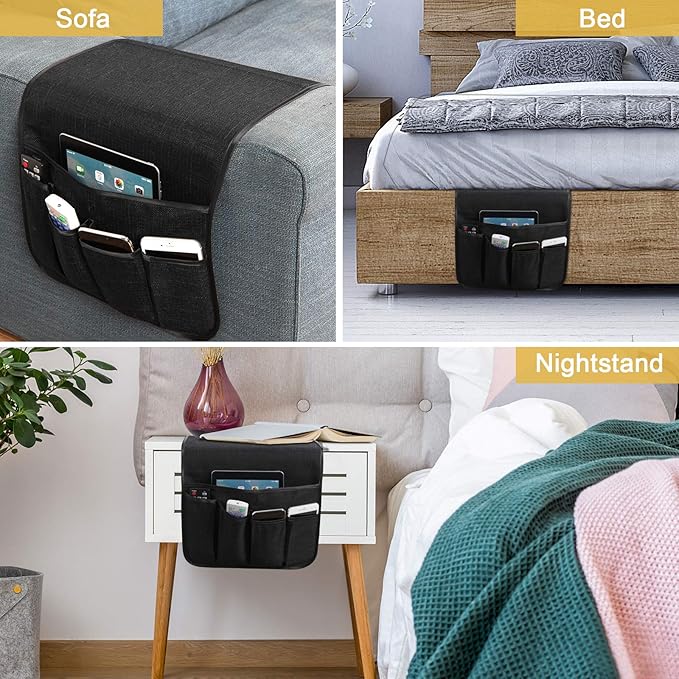 Sixyotie Sofa Armrest Organizer Non-Slip Remote Control Holders for Recliner Couch Chair Armchair Caddy with 5 Pockets for Table,Cell Phone,Ipad,Magazines,Books (13x35In, Black)