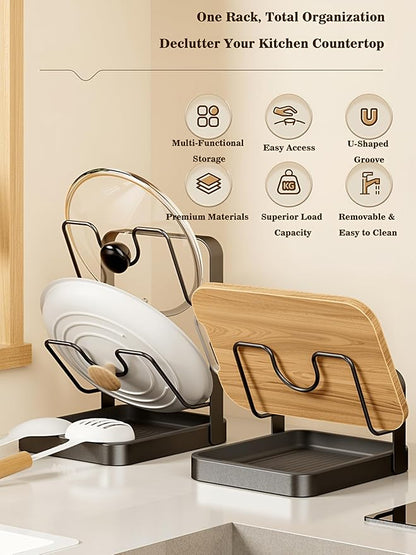 amader Pot Lid Holder & Spoon Rest, 2026 Upgraded Multifunctional Kitchen Organizer Rack with Removable Drip Tray, Space-Saving Countertop Stove Top Storage for Pots Pans (Gray-01)