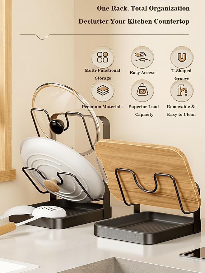 amader Pot Lid Holder & Spoon Rest, 2026 Upgraded Multifunctional Kitchen Organizer Rack with Removable Drip Tray, Space-Saving Countertop Stove Top Storage for Pots Pans (Gray-02)