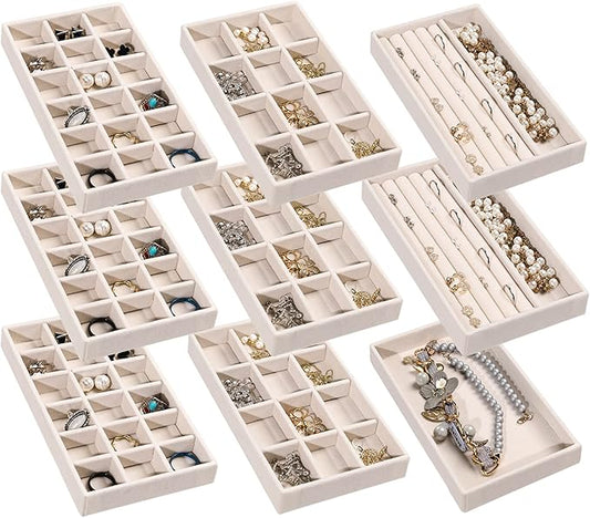 Frebeauty Jewelry Organizer Tray,Stackable Velvet Jewelry Trays,Drawer Inserts Earring Organizer For Women Jewelry Storage Display Case for Rings Stud Necklaces,Set of 9(Beige)
