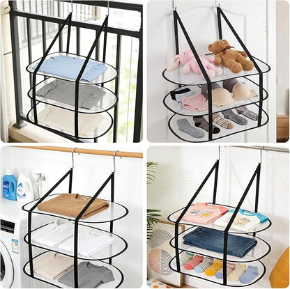 2 Pcs Flat Over The Door Folding Drying Rack, 3 Tier Black Large Laundry Hanging Dryer Sweater Drying Rack Mesh Clothes Hanging Fold Flat Dry Hanger for Small Spaces, Apartments, Dorms, Bathrooms