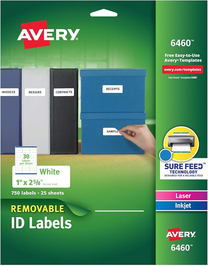 Avery Removable ID Labels, Sure Feed Technology, Removable Adhesive, 1" x 2-5/8", 5 Packs (6460)