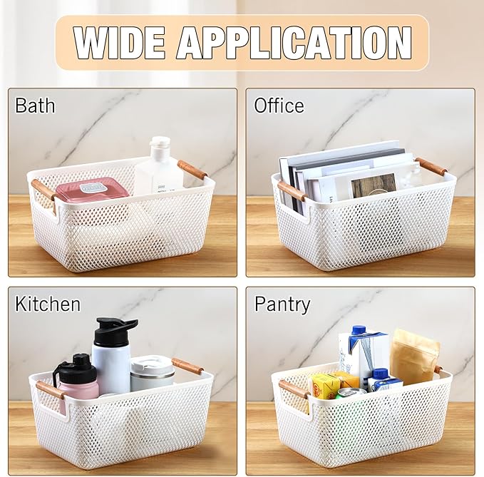 Tioncy 4 Pcs White Mesh Baskets with Wooden Handles Plastic Storage Organizer Baskets Pantry Basket Fruit Vegetables Gathering Basket Bin for Organizing Cabinet Closet Bedroom Kitchen(Medium)