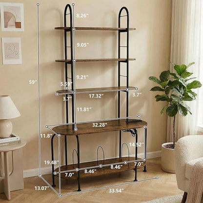 5-Tier CD Storage Rack, Record Player Stand with Storage, DVD Organizer Shelf with Adjustable Book Stoppers, Media Storage Rack for CD/DVD, Books, Games, for Living Room, Bedroom, Home Office, Rustic
