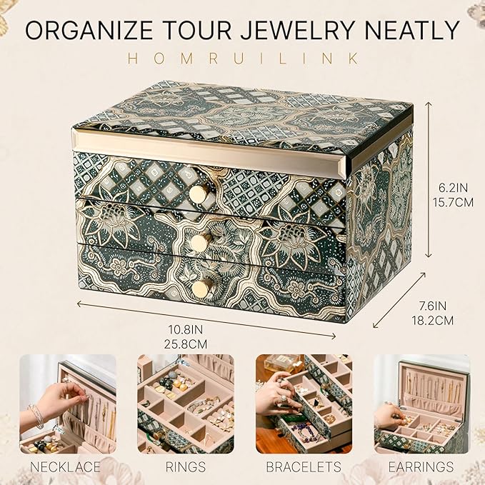 Homruilink High End Glass Jewelry Box - 3 Layer Jewelry Organizer - Velvet-Lined Case For Ring, Necklace, Earring, Bracelet Storage - Black Gold Floral - Christmas Gifts For Women