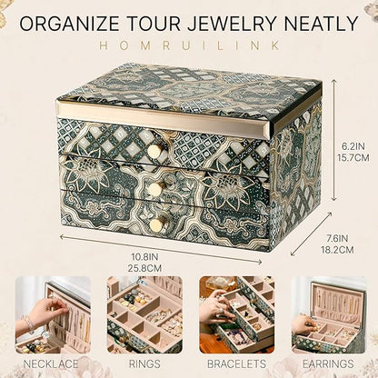 Homruilink High End Glass Jewelry Box - 3 Layer Jewelry Organizer - Velvet-Lined Case For Ring, Necklace, Earring, Bracelet Storage - Black Gold Floral - Christmas Gifts For Women