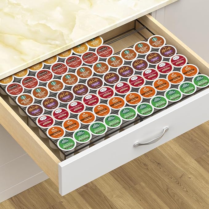Coffee Pod Holder Drawer, Expandable K Cup Holder Compatible with Keurig K-Cup, K Cup Drawer Organizer Hold 30-60 Coffee Pod Storage for Coffee Station Office and Kitchen, Black