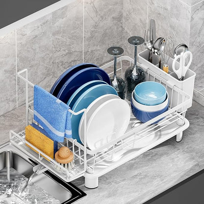 GAOKASE Compact Dish Drying Rack, Dish Drainers for Kitchen Counter with Sponge Rack, Kitchen Drying Rack with Drainboard, Utensil Holder and Automatic Drainage Drainboard, White