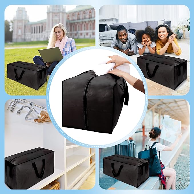 8 Pack Large Strong Bags with Zippers & Carrying Handles - Water-Resistant - Heavy Duty Storage Tote for Space Saving, Fold Flat, Alternative to Moving Box (Black)