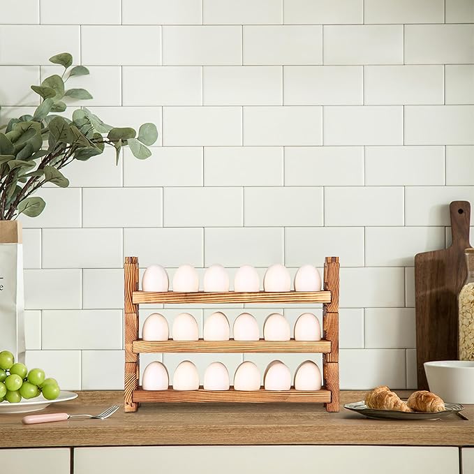 CVHOMEDECO. Wooden Egg Holder Fresh Egg Holders Countertop Firewood Egg Collecting Rack for Gathering Fresh eggs, Stackable with 36 eggs, Home Kitchen Organizer, Set of 3 PCS