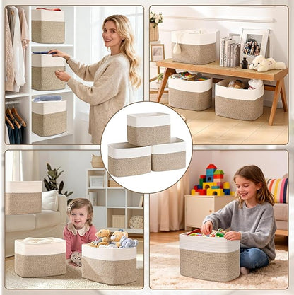 3 Pack Cube Storage Bin, 17”x12”x12” Cotton Rope Woven Baskets for Organizing Toys Clothes Towels, Square Gift Storage Baskets for Shelf, Nursery, Closet, Bathroom, Pantry (White & Jute)