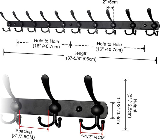 Dseap Coat Rack Wall Mount - 38” Long 10-Tri-Hooks Heavy Duty Coat Hanger Rail Wall Hooks for Hanging Coats Hats Clothing Clothes Purse Mudroom Entryway, Black