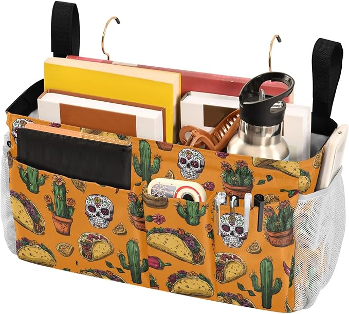 CuwrYet Bedside Caddy Hanging Bunk Bed Caddy Bed Organizer Hanging Pocket with 2 Hooks Bedside Storage Organizer Pocket Bag Holder Orange Mexico Tacos Chilis Skulls