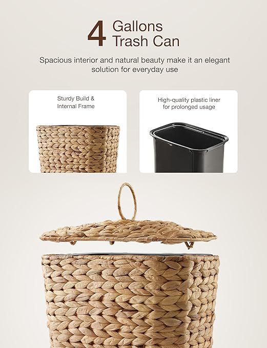 4 GALLONS Wicker Waste Basket - Wicker Trash Can with Lid - Water Hyacinth Bathroom Garbage Can with a Lid - Bathroom Trash Can Boho Style - Removable Liner, Iron Frame (Natural, 4 Gallons)