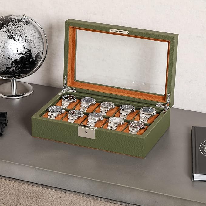 ROTHWELL 10 Slot Leather Watch Box - Luxury Case Display Jewelry Organizer - Locking Watch Display Case Holder with Large Glass Top - Box Organizer for Men and Women (Green/Tan)
