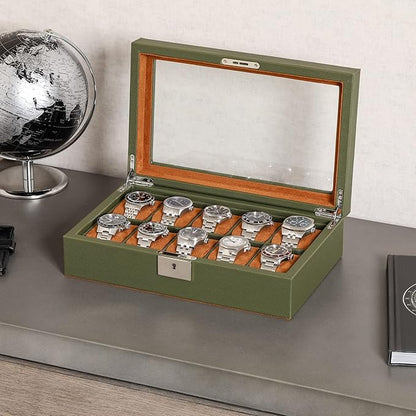 ROTHWELL 10 Slot Leather Watch Box - Luxury Case Display Jewelry Organizer - Locking Watch Display Case Holder with Large Glass Top - Box Organizer for Men and Women (Green/Tan)