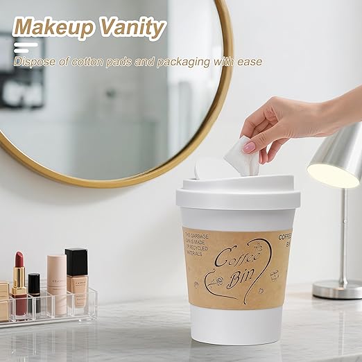 Soddeph Plastic Mini Trash Can with Swing-Top Lid, 0.9 Gallon Desktop Waste Bin for Coffee Table, Office, Small Countertop Wastebasket for Counter, Vanit (White, Small)
