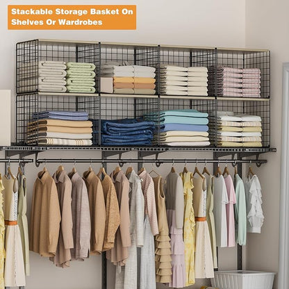 Wider Stackable Closet Organizers and Storage with Wood Top, 3 Pack Closet Shelf Organizer, Double Storage Design, Clothes Storage Cube/Bins Organizer for Wardrobe, Space-Saving, Black,Sturdy,Metal
