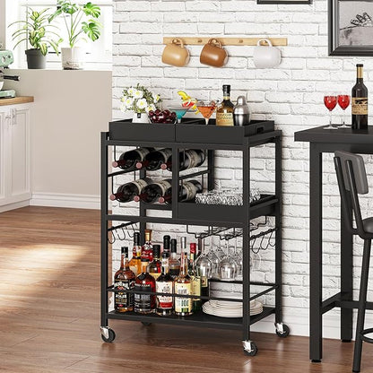 TUTOTAK Bar Cart, Home Bar Serving Cart, 3-Tier Kitchen Cart on Wheels, Rolling Beverage Cart with Wine Rack and Glass Holder, Black BC01BK037