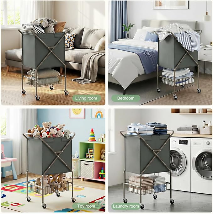 Laundry Basket with Wheels:88L Rolling Laundry Cart Foldable Metal Frame Dirty Clothes Laundry Hamper 36"H 4 Caster 2 Brake Waterproof Removable Liner Carry Handle for Dorm Laundry Room,Gray