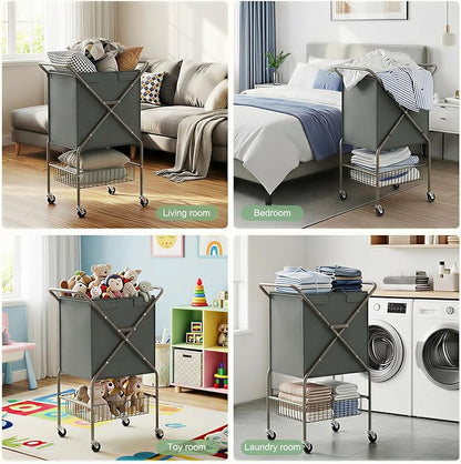 Laundry Basket with Wheels:88L Rolling Laundry Cart Foldable Metal Frame Dirty Clothes Laundry Hamper 36"H 4 Caster 2 Brake Waterproof Removable Liner Carry Handle for Dorm Laundry Room,Gray