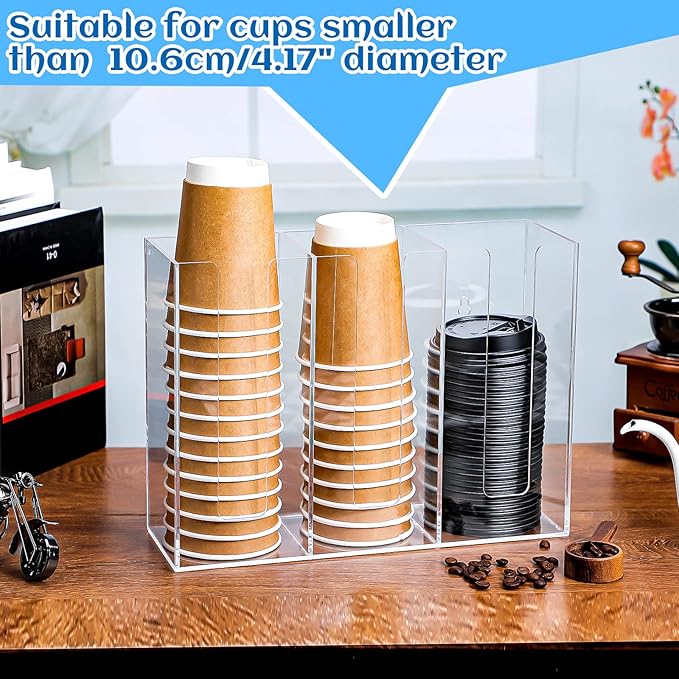 Cunhill 3 Compartments Acrylic Coffee Cup and Lid Dispenser Organizer Disposable Paper Cup Holder Coffee Shop Supplies Holder Storage for Station Home Countertop Bar Kitchen Party(Clear)