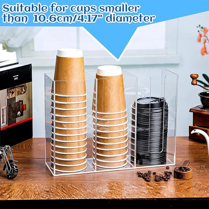 Cunhill 3 Compartments Acrylic Coffee Cup and Lid Dispenser Organizer Disposable Paper Cup Holder Coffee Shop Supplies Holder Storage for Station Home Countertop Bar Kitchen Party(Clear)