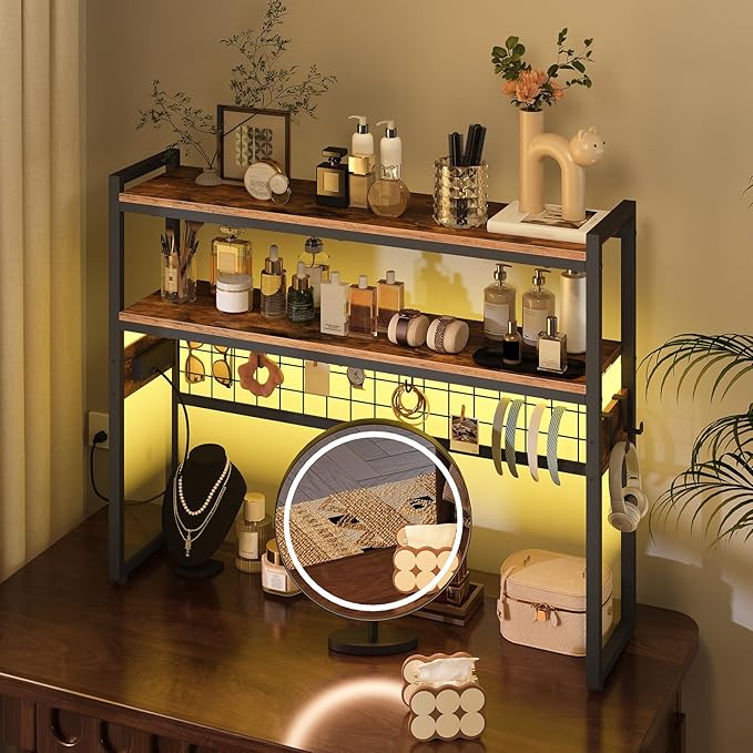 HOOBRO Desktop Bookcase, 2-Tier Desktop Organizer, 37.4" Wooden Office Storage Rack with Outlets, Display Shelf Rack with Light Strip, Desk Hutch for Office, Rustic Brown BF13UDSJ01