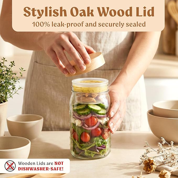 4 Pack Glass Salad Jars Pod with Wooden Lids for Meal Prep, Leakproof Container with Two Small Built in Cups for Wet/Dry Separation for Salad Dressing and Ingredients, 32oz Mason Jars