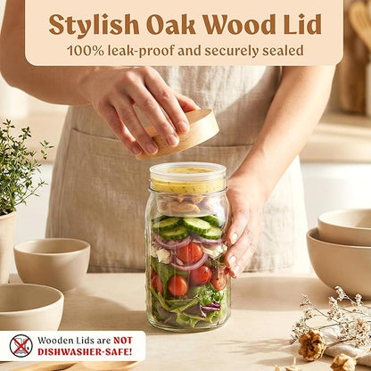 4 Pack Glass Salad Jars Pod with Wooden Lids for Meal Prep, Leakproof Container with Two Small Built in Cups for Wet/Dry Separation for Salad Dressing and Ingredients, 32oz Mason Jars