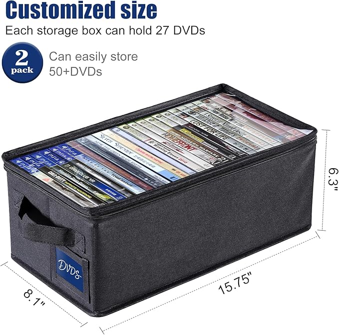 CCidea DVD Storage Box with Clear Window - 15.75" Foldable Media Organizer, Premium Zipper Closure, Holds 27+ DVDs, Dustproof Non-woven Fabric, Reinforced Handles & Label Slot (Black) (4)