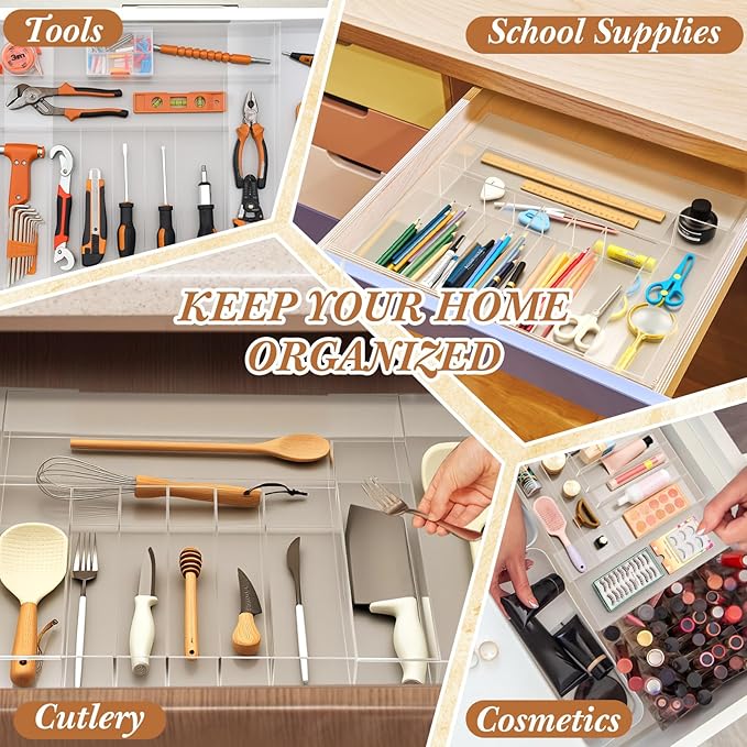 1 Pack Expandable Kitchen Drawer Organizer Clear Acrylic Utensil Organizer Adjustable Acrylic Silverware Storage for Drawers Silverware Flatware Knives (18.5 x 17.4 Inches,9-11 Compartments)