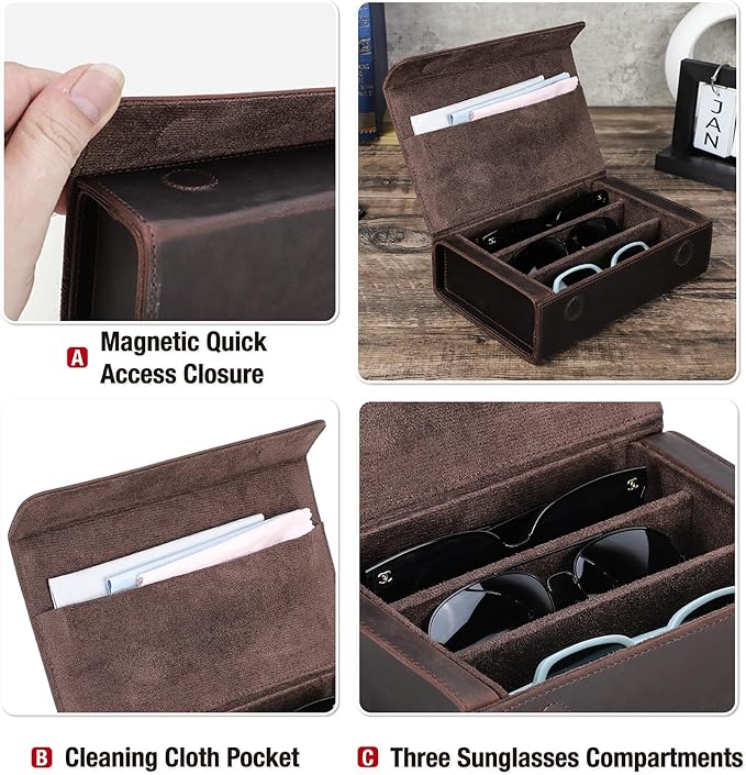 CataPurus Sunglasses Organizer Case for Man & Woman, Top Grain Leather & Handmade, Portable Travel Eyeglasses Storage Holder