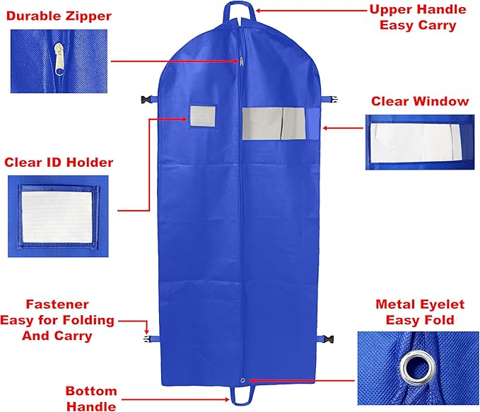 Party Bargains Garment Bag 59-Inch – Non-Woven Hanging Clothes Storage Cover for Suits, Dresses & Coats, Zippered for Closet or Travel (Blue)