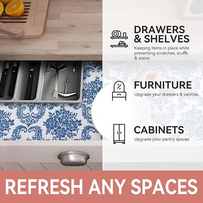 RAY STAR Shelf Liner, Non Adhesive Vintage Navy Blue Floral Kitchen Cabinet Liner for Pantry Drawer, Strong Grip Non Slip, Shelf Liners for Kitchen Cabinets Cupboard 18 Inch x 24 FT