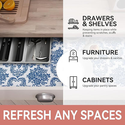 RAY STAR Shelf Liner, Non Adhesive Vintage Navy Blue Floral Kitchen Cabinet Liner for Pantry Drawer, Strong Grip Non Slip, Shelf Liners for Kitchen Cabinets Cupboard 18 Inch x 24 FT