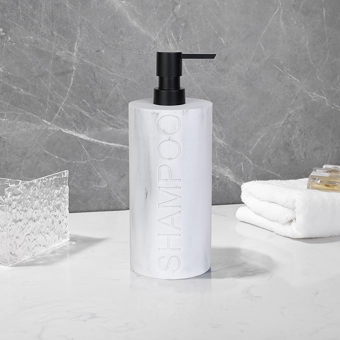 Indecor Home Resin White Marbled Shampoo Engraved Bottle Refillable Pump Dispenser, Durable Waterproof Construction for Bath, Shower - Resin White Marble - Matte Black Pump