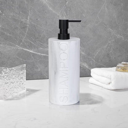 Indecor Home Resin White Marbled Shampoo Engraved Bottle Refillable Pump Dispenser, Durable Waterproof Construction for Bath, Shower - Resin White Marble - Matte Black Pump