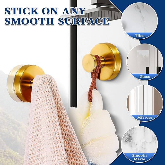 warlve Suction Cup Hooks No Drill Stainless Steel Shower Hooks Towel Hook Heavy Duty on Smooth and Non-Porous Surfaces in Bathrooms Kitchen Bedroom (2, Brushed Gold)