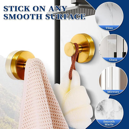 warlve Suction Cup Hooks No Drill Stainless Steel Shower Hooks Towel Hook Heavy Duty on Smooth and Non-Porous Surfaces in Bathrooms Kitchen Bedroom (2, Brushed Gold)