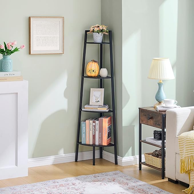 Hoctieon Corner Shelf, 4-Tier Corner Bookshelf, Rustic Ladder Shelf, Industrial Display Stand for Living Room, Kitchen, Home Office, Balcony, Small Space, Metal Frame, Black