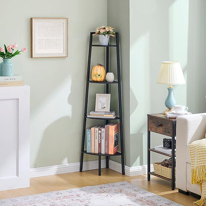 Hoctieon Corner Shelf, 4-Tier Corner Bookshelf, Rustic Ladder Shelf, Industrial Display Stand for Living Room, Kitchen, Home Office, Balcony, Small Space, Metal Frame, Black