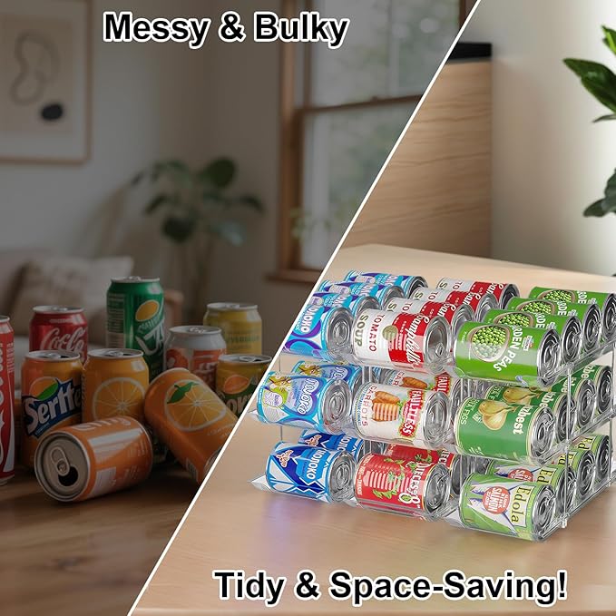 cjc Can Organizer for Pantry, 3 Sets 3 Tiers Can Organizer for Fridge, Clear Automatic Rolling Soda Pantry Organizers for 36 Cans, Stackable Storage Rack for Kitchen Cabinet