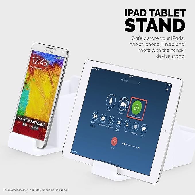 Desk Organizer with Game Controller Holder, Tablet Stand for iPads/iPhones, TV Remote & Pen Storage, Reduce Desktop Clutter, Have All Your Side Table Items in One Space (White)