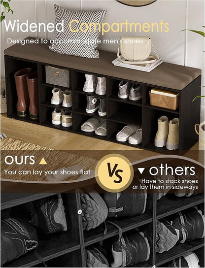 DINZI LVJ Shoe Storage Bench with Cushion, 15-Cubby Shoe Rack, Adjustable Shelves, Long Shoe Organizer Bench for Entryway, Mudroom, Hallway, Living Room, Bedroom and Garage, Espresso