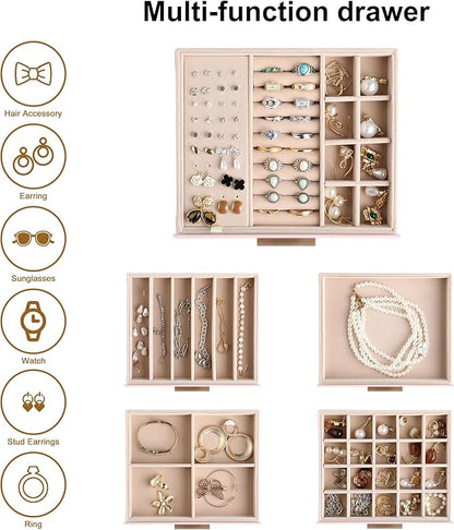 Frebeauty Clear Lid Jewelry Box,5-Layer Jewelry Organizer with Drawer,PU Leather Jewelry Organizers and Storage,Jewelry Boxes for Women,Jewelry Storage for Rings Earring Stud,Gift for Women(Pink)
