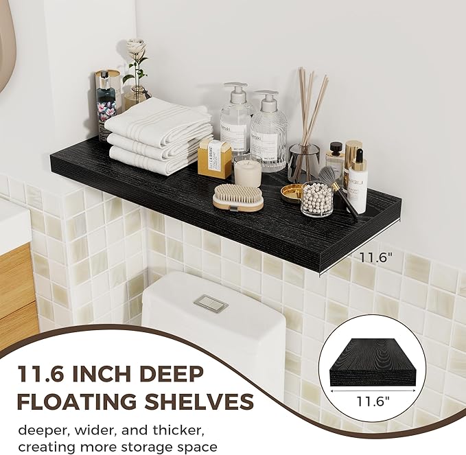 Fun Memories 12 Deep Floating Shelves for Wall | 30W x 12D Large Floating Shelves | 3 Pack Storage Space Wall Mount Shelf for Living Room Bathroom Toilet Laundry Room Kitchen Home Office - Black
