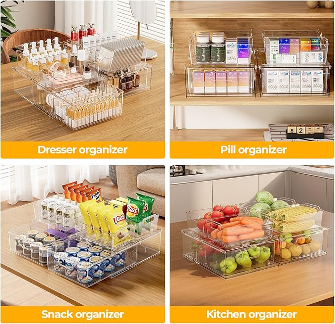 Greenby Refrigerator Organizer Bins with Pull-out Drawer 6 Pack Stackable Clear Fridge Drawer Organizer Fruit Vegetable Storage Containers for Kitchen Pantry Organization (2 Large+4 Medium)