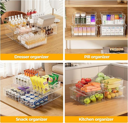 Greenby Refrigerator Organizer Bins with Pull-out Drawer 6 Pack Stackable Clear Fridge Drawer Organizer Fruit Vegetable Storage Containers for Kitchen Pantry Organization (2 Large+4 Medium)